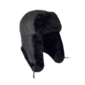 Campero de Cuero Negro Cuero de Oveja Genuino Ushanka Sombrero Aviador S-XXXL - Imagen 1 de 7