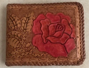 Vintage Hand Tooled Leather Wallet w Whip  Stitched Edges Rose Design Graffiti - Picture 1 of 4