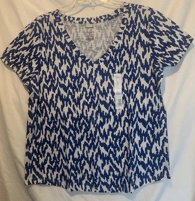 Sonoma L Pullover Cream & Blue Geometric Knit Top, v neck, short sleeves - NWT - Image 1 of 3