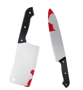 Falsches blutiges Messer Set Halloween Horror Requisite Kunststoff Fleischerbeil und Küchenmesser - Bild 1 von 3