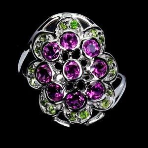 925 Sterling Silver Ring Round Rhodolite Chrome Diopside Gemstone Jewelry Size 7 - Picture 1 of 14