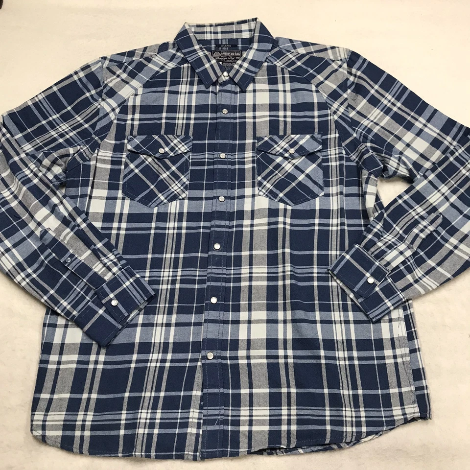 AMERICAN RAG CIE Flannel Western Shirt Men XL Pearl Snap Blue Gray Plaid Skate - Image 1 of 4