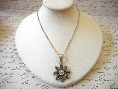 Sterling Silver 925 Marcasite Cubic Zirconia Flower 18" Necklace     23BZ12 - Image 1 of 4