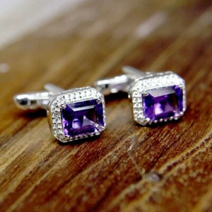 3 kt Smaragdschliff Laborgefertigt Lila Amethyst und CZ Herren Manschettenknöpfe in 925 Silber - Bild 1 von 7