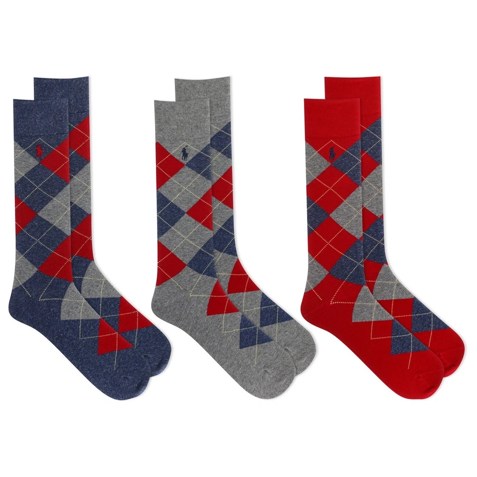 Polo Ralph Lauren Antimicrobiano Argyle Hombre’s Calcetines Rojo Azul Pony Logo 3 Pares Foto 1 de 1