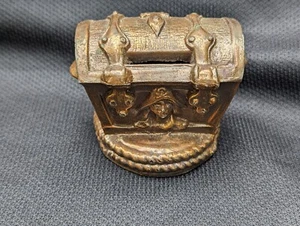 Vtg 1950 Bronze Wash Cast Iron PIRATE TREASURE CHEST Coin Bank Skull Cross Bones - Picture 1 of 4