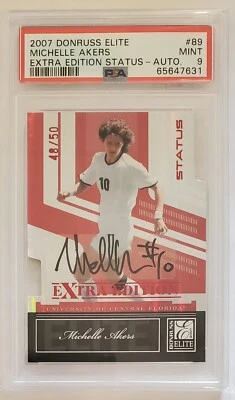 2007 Donruss Elite Michelle Akers Extra Edition Status Auto Red /50 PSA 9 Pop 2 - Image 1 of 2