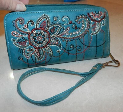 NEW Montana West Women's Leather Wallet w/Floral Embellishments - Turquoise - AB - Image 1 of 4