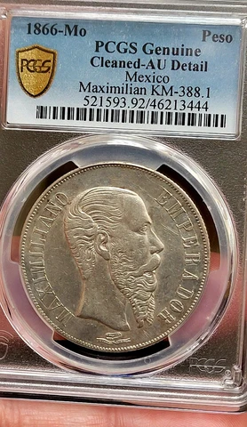 1866 Mo Mexico 1 Peso Empire of Maximilian PCGS AU Details Gold Shield Cover