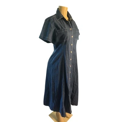 Maxi Camisa Vestido Vintage US-10 Laura Ashley Denim Jean Botón Delantero Corto Slv Foto 1 de 4