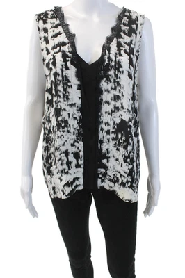 Blusa Top BCBGMAXAZRIA Para Mujer Borde de Encaje Cuello en V Sin Mangas Estampada Negra Talla L Foto 1 de 4