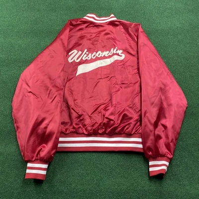 Vintage Wisconsin Badgers Jacket Mens L Red 80S Satin College Bomber Coat - Image 1 of 4