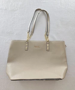 Calvin Klein Tote Bag Womens Beige Gold Tone Chain Pockets Zip - Picture 1 of 21