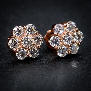 Rose Gold 925 Sterling Silver Large Flower Cluster Cz Stud Screw Back Earrings - Picture 1 of 5
