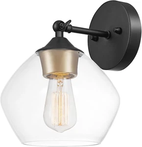 1-Light Wall Sconce Matte Black Gold Accent Clear Glass Shade Dimmable Wall Lamp - Picture 1 of 12