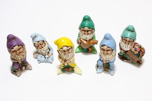 6 Vintage Ceramic Garden Gnomes Elf Pixie Fairy Figurines Hand Crafted & Painted