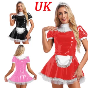Womens Patent Leather French Maid Outfit Halloween Costume Cosplay Apron AU - Picture 1 of 33