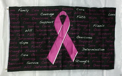PINK RIBBON ON BLACK FLAG 3'x5' BREAST CANCER AWARENESS SUPPORT FREE SHIP NBCAM - Image 1 of 2