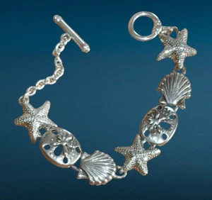Silver Tone Beach Themed Charm Bracelet 8" Starfish Sand Dollar Seashell - Picture 1 of 5