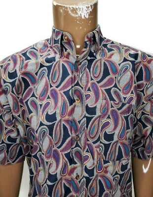 Camisa Hawaiana Enro Para Hombres Azul Paisley Geométrica Manga Corta Mediana Foto 1 de 4