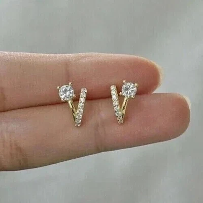 1.50 Round Cut Real Moissanite Huggie Hoop Stud Earrings 14k Yellow Gold Plated - Image 1 of 3