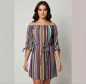 New York & Company Stripe Multi Color Off The Shoulder Mini Dress Size Medium - Picture 1 of 16
