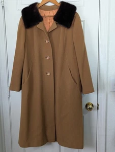 Abrigo largo de cachemir chino de colección años 50 cuello de piel para mujer XL marrón carmelo hecho en EE. UU. - Imagen 1 de 14