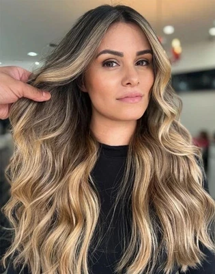 Pelucas delanteras de encaje 100 % cabello humano Balayage rubio dorado marrón ondulado raíces de ceniza 22" Foto 1 de 4