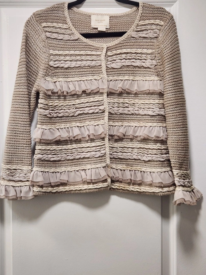 Kate Spade 花卉开衫毛衣褶边女式尺码未穿。 测量 — 第 1/4 张图片