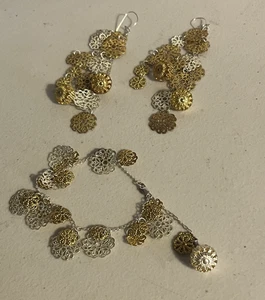 Vintage Filigree Sterling Silver Bracelet & Earrings Chandelier Lacy Gold Tone - Picture 1 of 9