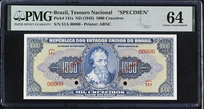 BRAZIL 1000 Cruzeiros 1943, P-141s SPECIMEN, PMG 64 Choice UNC, Printer Notation - Image 1 of 2