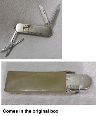 Vintage Advertising Pocket Knife Scissor First National Bank FL Etched Chrome - Image 1 of 4