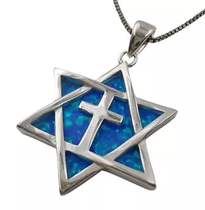 Collana stella di David opale blu con croce argento sterling ciondolo messianico - Foto 1 di 4
