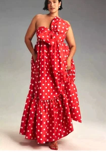 ANTHROPOLOGIE ATSU Red & White Polka Dot Satin SALLY Dress Bow 1-Shoulder M NWT - Picture 1 of 12