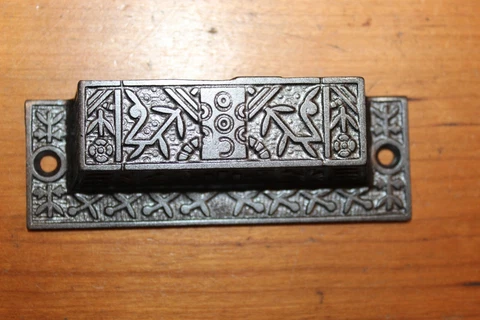 Antique Victorian Ornate Cast Iron Bin Apothecary Cupboard Drawer Pull L-35 Cover