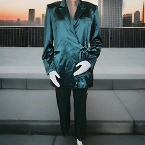 Lattelier Pant Suit Womens M Tie Waist Tuxedo Blazer Satin Green Trouser Outfit - Picture 1 of 22