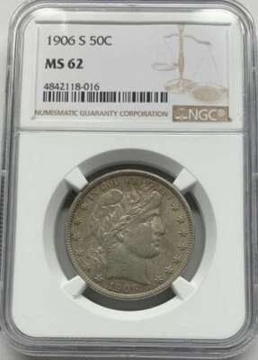 1906 S Barber Half Dollar, Liberty Head Half, 50 Cents, 0.50, 50C NGC MS62 - Image 1 of 2