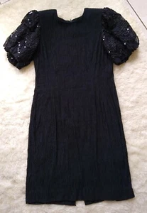 LESLIE FAY Dress Sz 14 Made in the USA VTG Black Dress w/ Sequins, Shoulder Pads - Picture 1 of 13