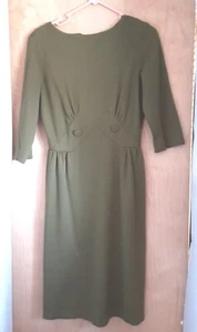 VTG 50's L'aiglon Dress Army Green Knee Length 3/4 Sleeve Lined - Picture 1 of 15