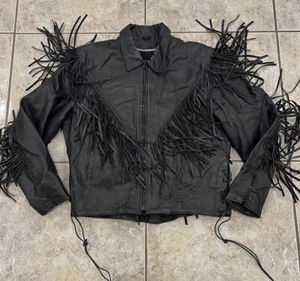 Women's Large UNIK Black Leather Motorcycle Fringe Western Biker Jacket w/ LINER - Picture 1 of 12