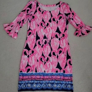 Lilly Pulitzer Sophie UPF 50 Ruffle High Tide Navy Via Amor Flamingo Dress szXS - Picture 1 of 12