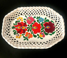 VTG Hand Painted 8.5" LATTICE WEAVE BASKET /Ceramic 8 Sided TRAY Bright FLORALS