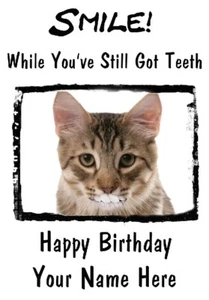 Tarjeta Personalizada Tabby Cat A5 Cumpleaños Aniversario Dientes Sonrisa - Imagen 1 de 1