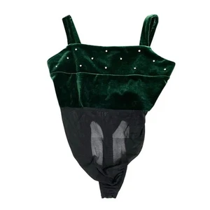 Geneva Vintage Women's Velvet Mesh Thong Bodysuit Rhinestone Dark Green Sz S - Picture 1 of 8