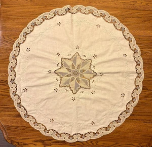 Tan Round Tablecloth With Embroidery - Picture 1 of 6