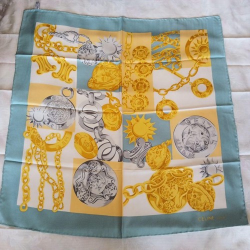 Sciarpa di seta Celine design catena e medaglia 66 cm accessorio moda nuova