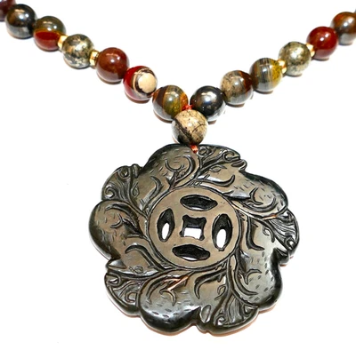 1900s Chinese Jade 5-RATS Wu Shu Yun Cai 五鼠运财 H/Carved Pendant & Jasper Necklace - Image 1 of 4