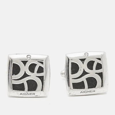 Aigner Logo Leather Silver Tone Cufflinks - Image 1 of 4