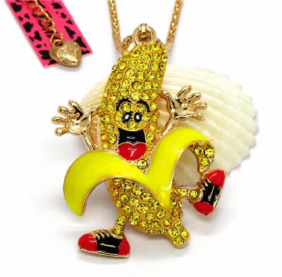 Colar pingente sapatos de corrida Betsey Johnson cristal amarelo banana bolsa presente grátis - Imagem 1 de 3