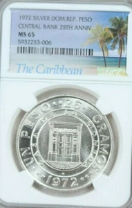 1972 DOMINICAN REPUBLIC SILVER 1 PESO CENTRAL BANK ANNIVERSARY NGC MS 65 GEM BU - Picture 1 of 5